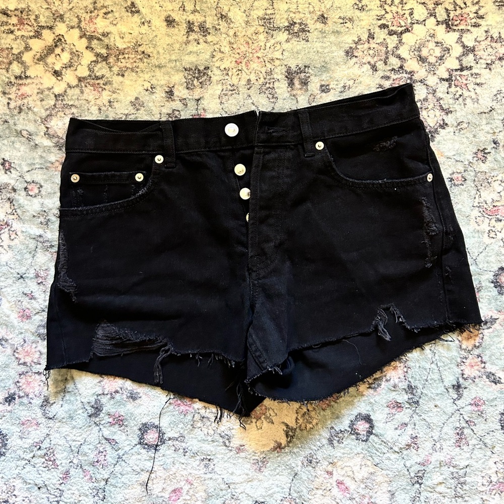 Allsaints button fly black denim shorts size 29